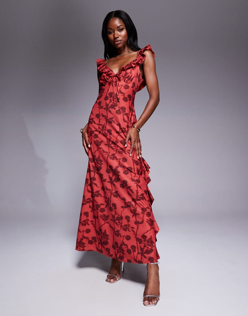 London ruffle tie front side slit maxi dress in red floral