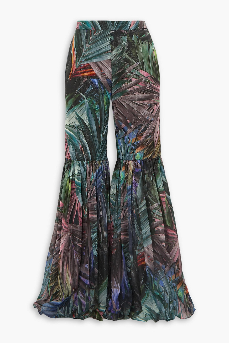 Pleated metallic printed chiffon flared pants
