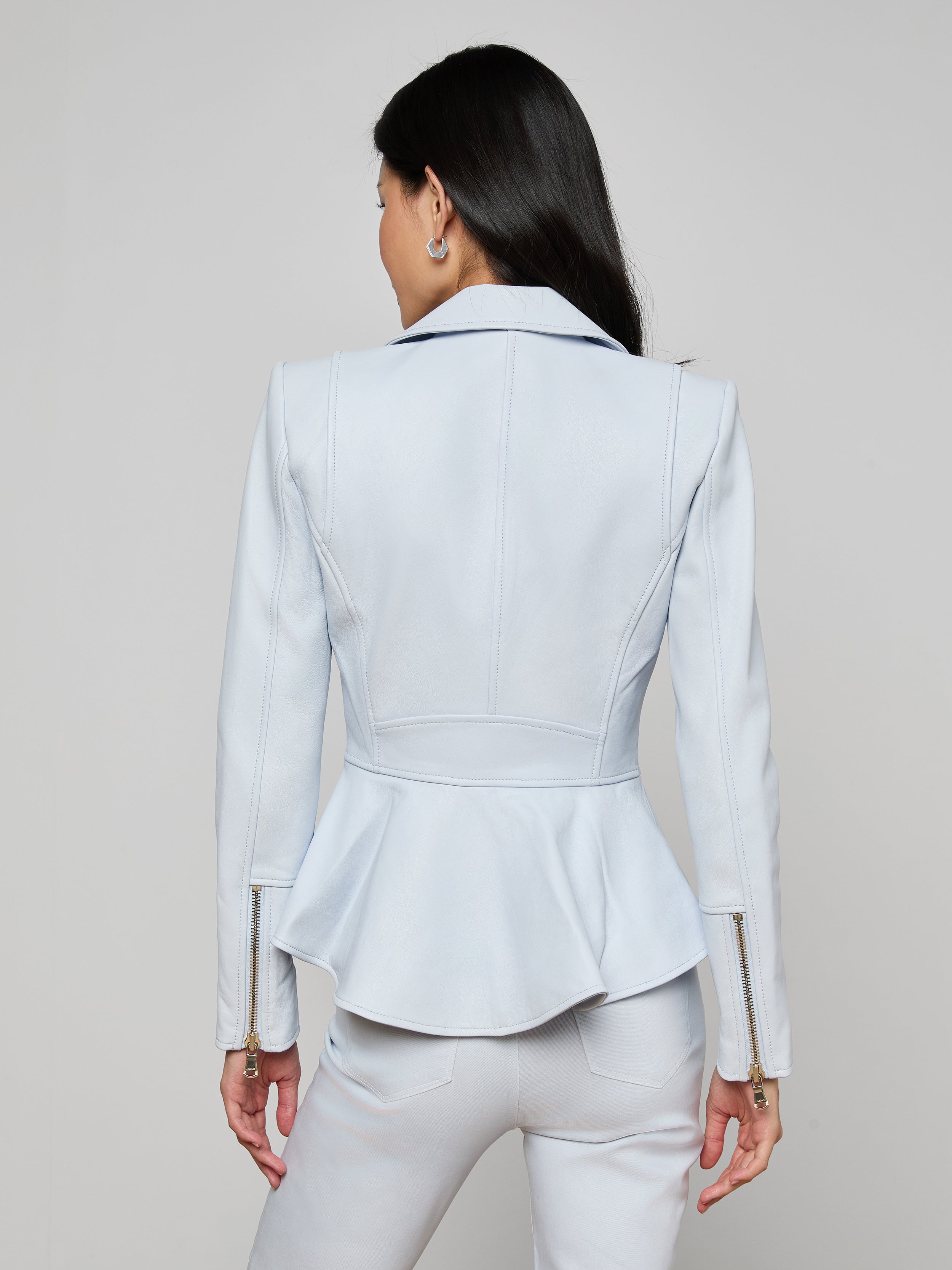 Lyric Peplum Biker Jacket In Pale Mist Blue