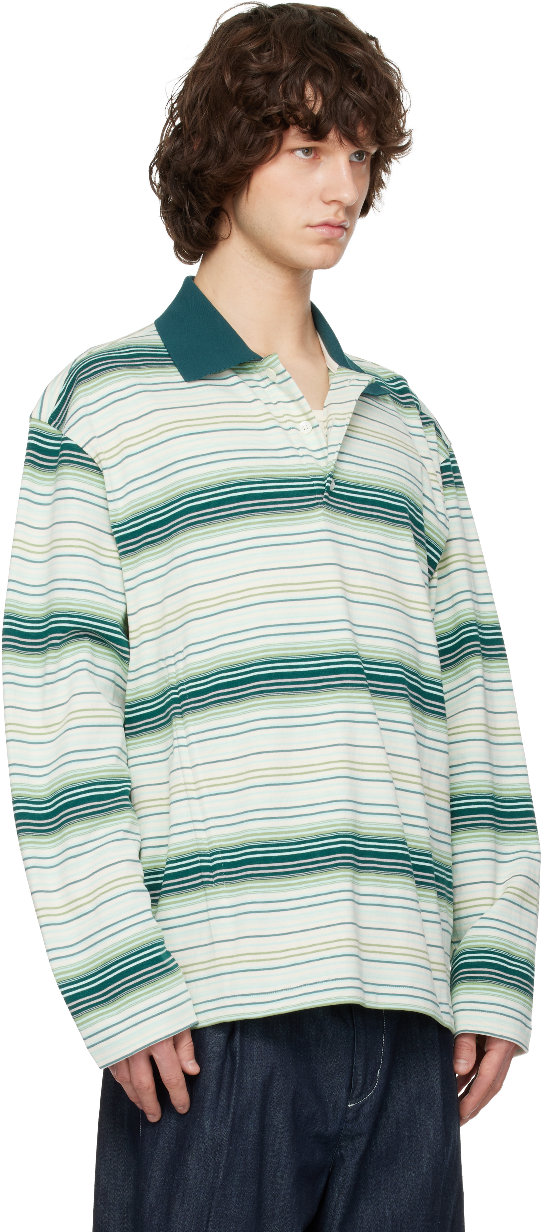 Green Striped Drawstring Collar Neck Long Sleeve Polo