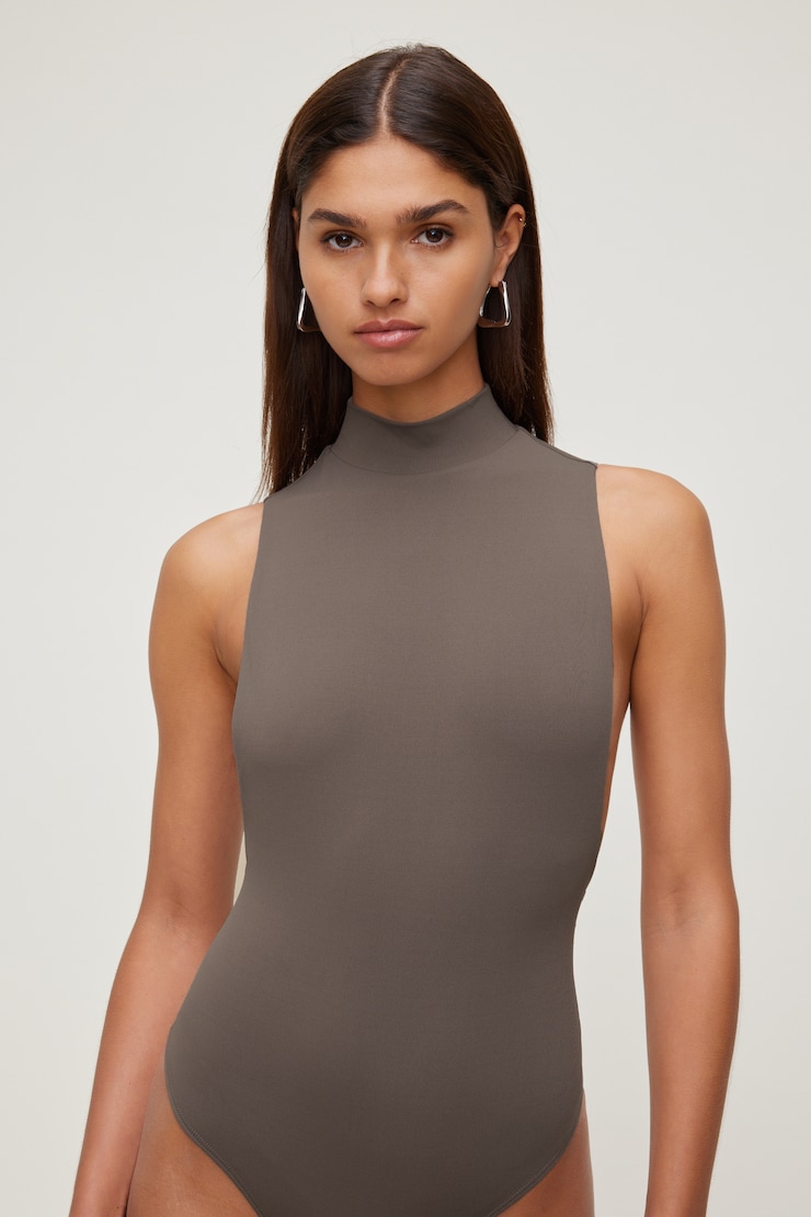 Sculpt Mock Neck Sleeveless Bodysuit - Brown - Women Clothing