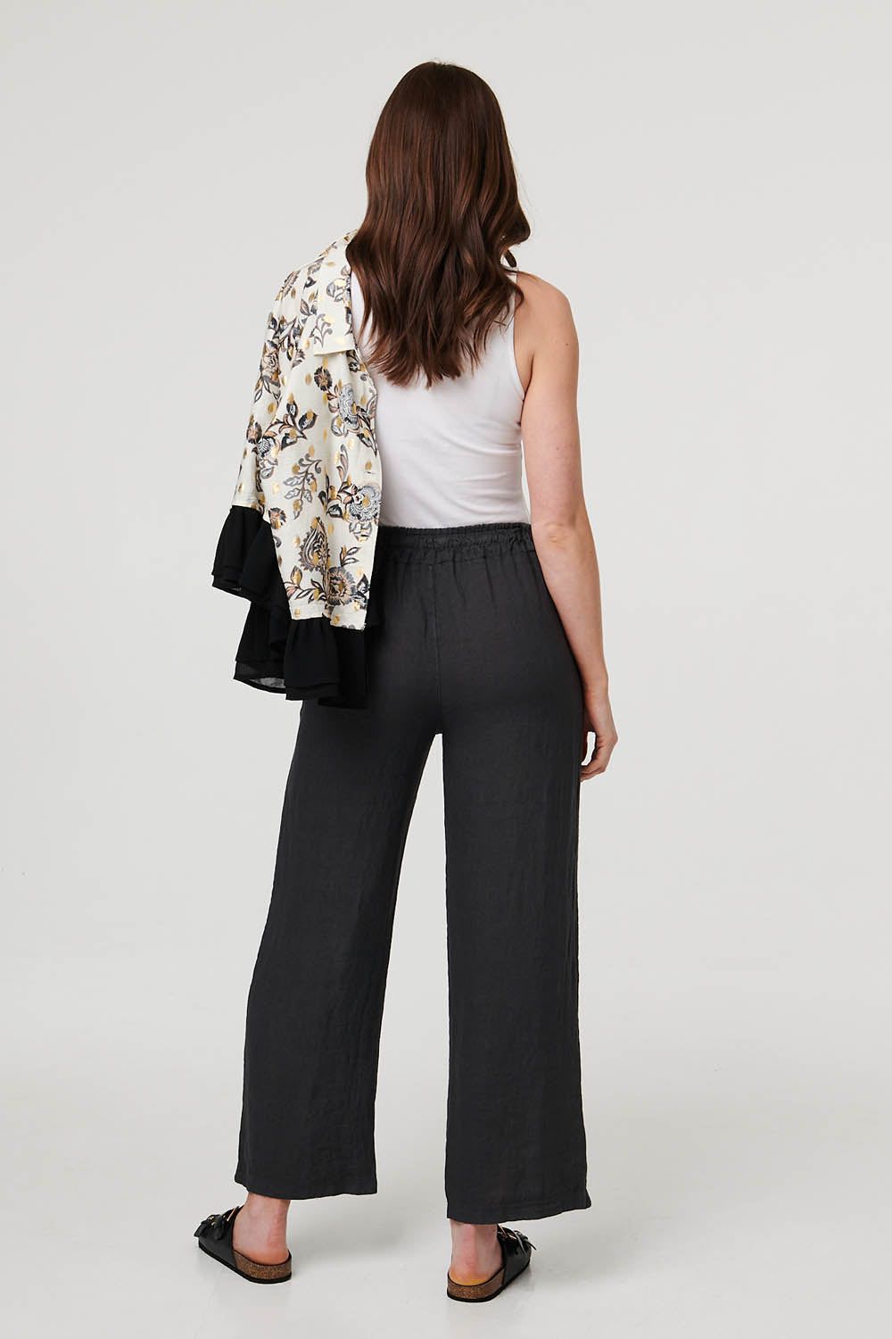 Izabel London Women's High Waist Wide Ankle Length Trousers in Charcoa