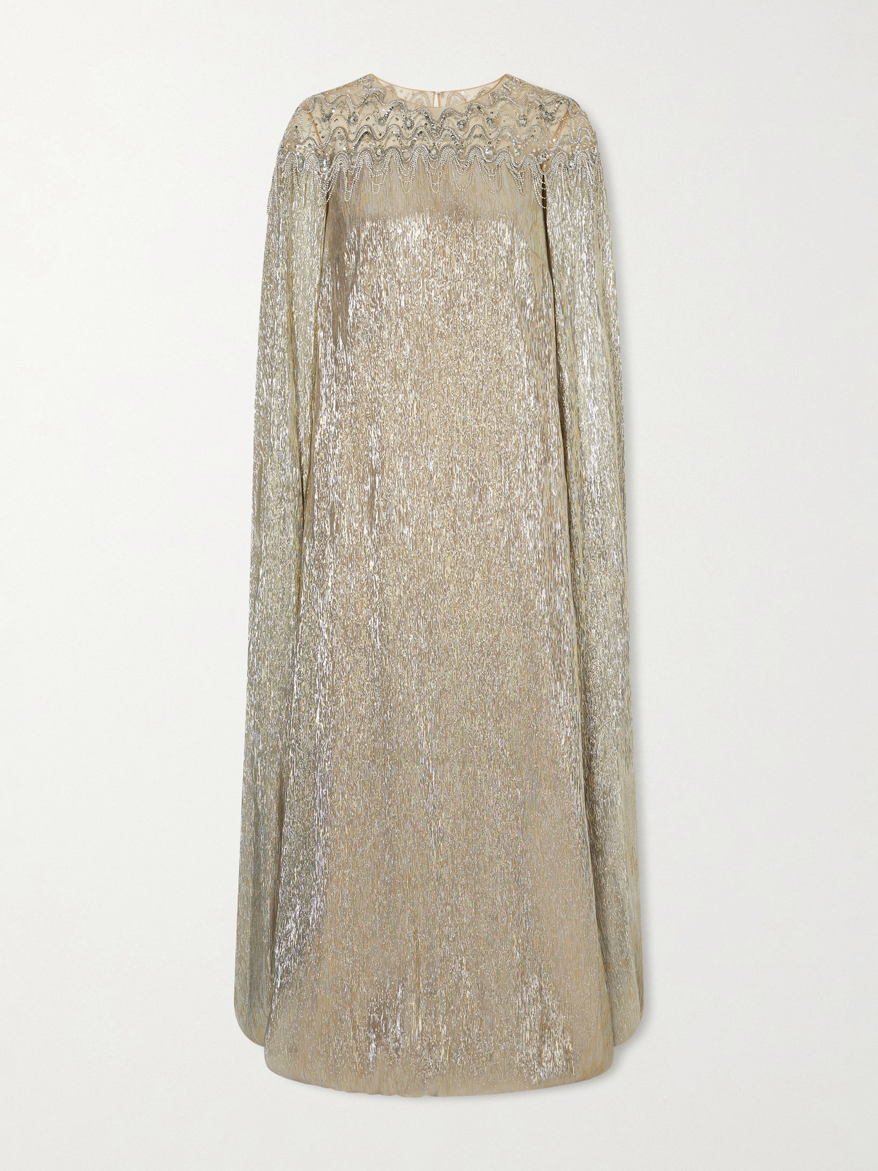Cape-effect Crystal And Sequin-embellished Tulle-trimmed Lamé Gown - Silver