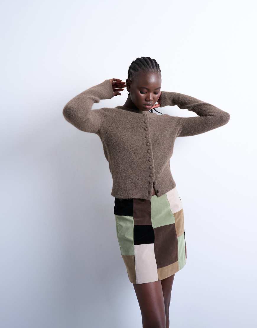 Knitted covered button cardigan in brown