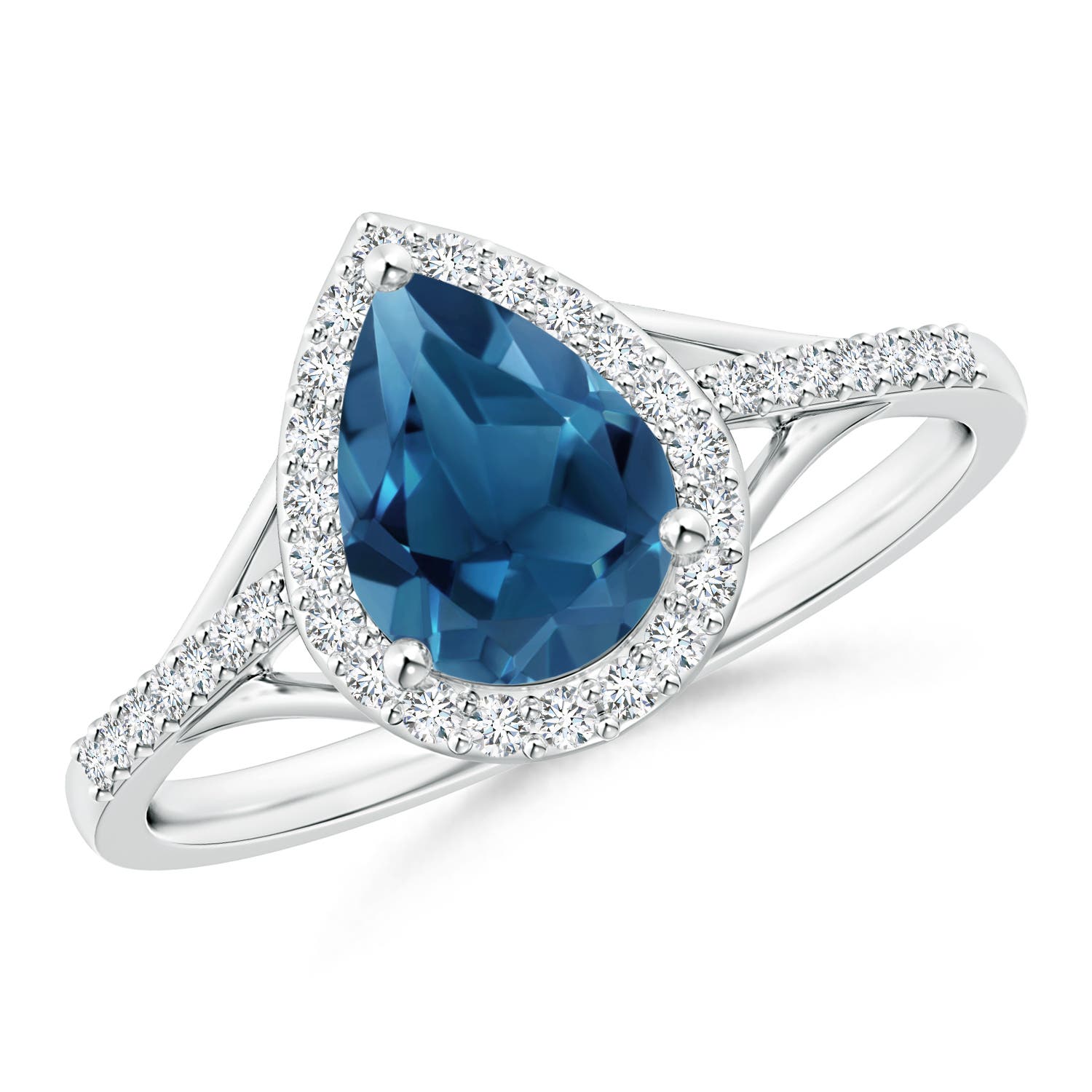 Angara 1.55 Carats Pear-Shaped London Blue Topaz Ring with Diamond Halo in Platinum
