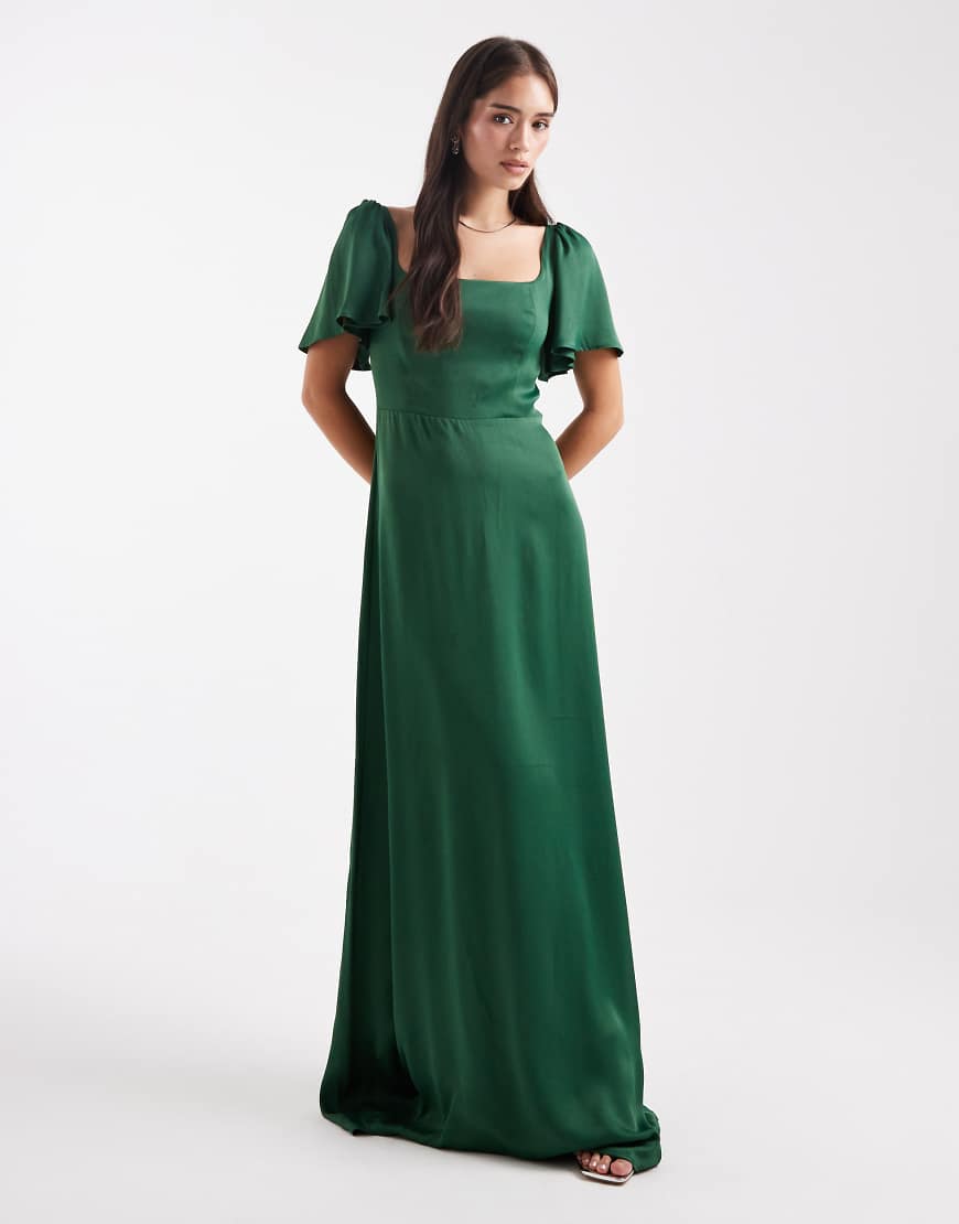 Bridesmaid square neck flutter sleeve maxi dress in emerald-Green