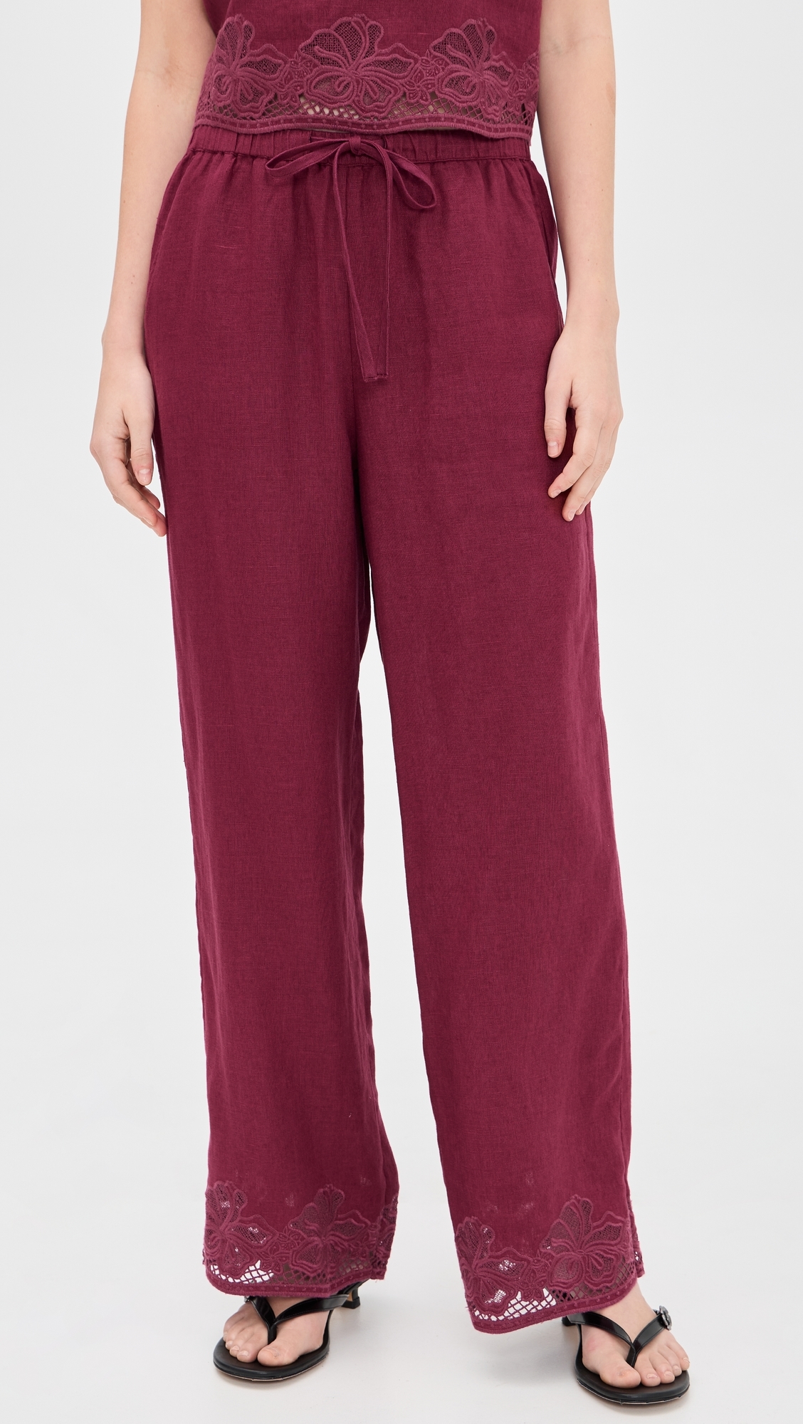 Emmie Linen Pants Berry Hibiscus Embroidery