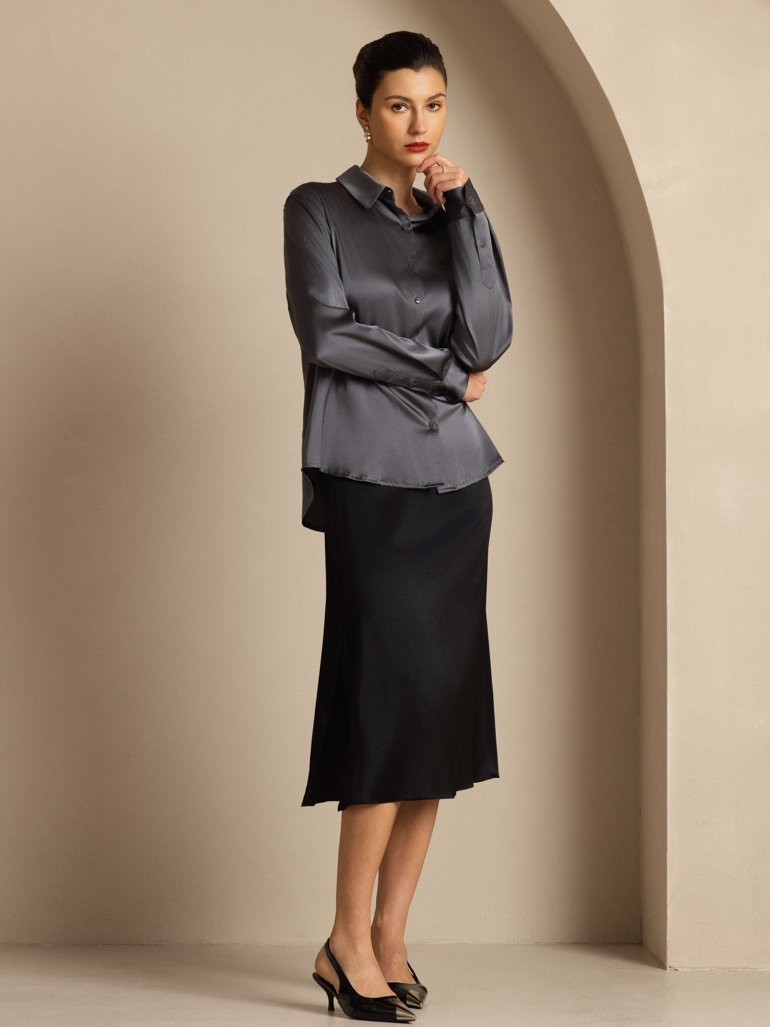 19Momme Silk Long Sleeve Lapel Collar Women's Shirt
