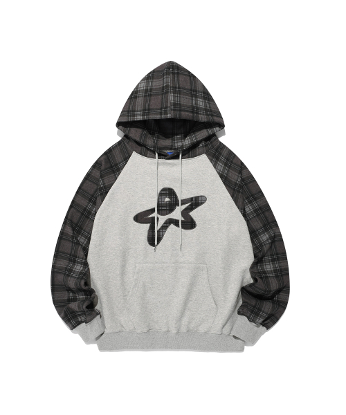 STAR LOGO CHECK RAGLAN HOODIE_GREY