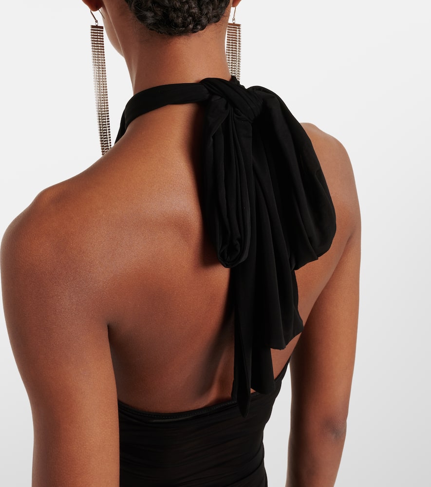 Floral-appliqué sheer cocktail dress