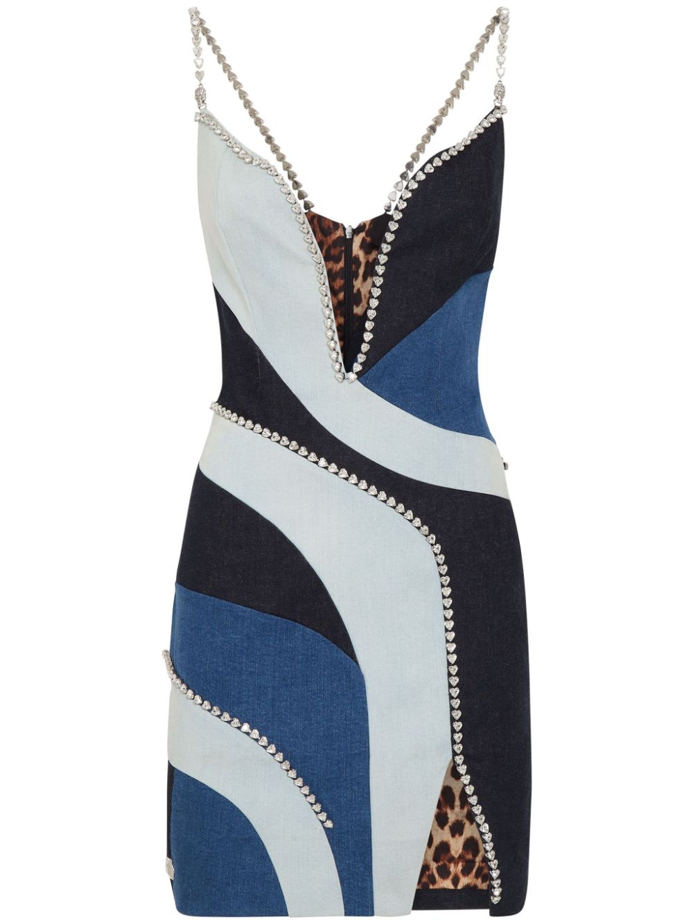 Denim-patchwork mini dress - Blue