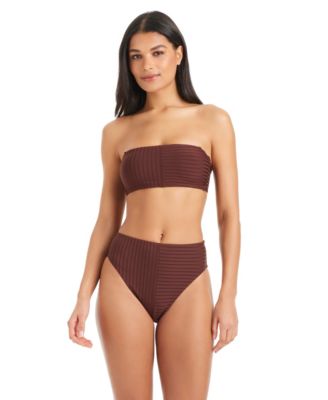 Womens Tie Back Bandeau Bikini Top Refresh Ribbed High Rise Swim Bottoms