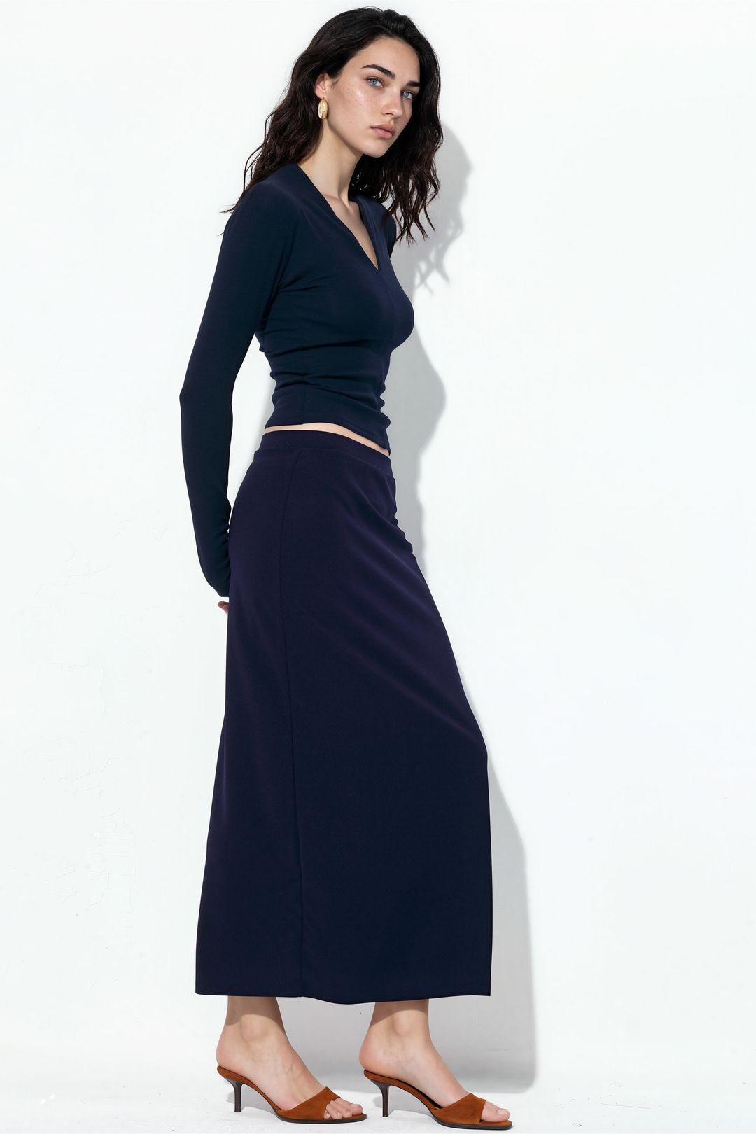 Busem Womens Midi Straight Crepe Skirt - Navy - X-Large