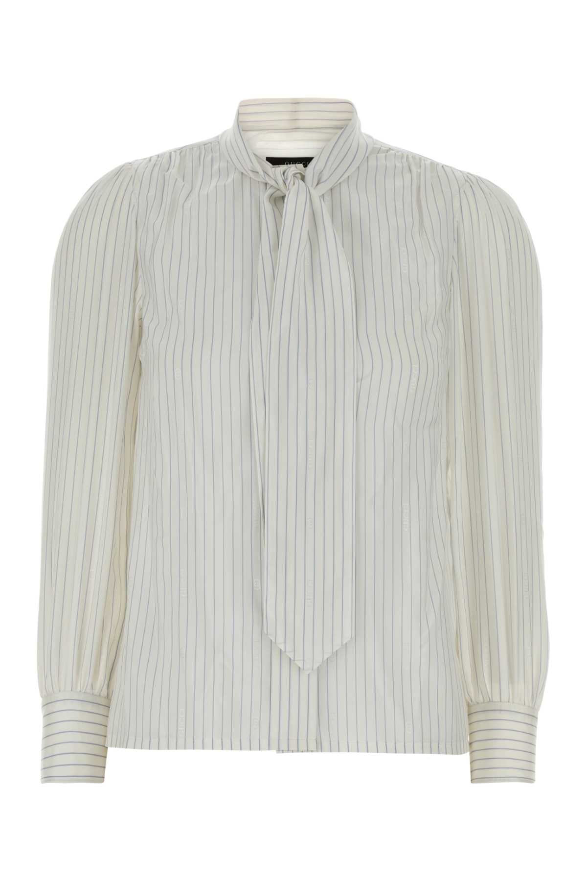 Pinstriped Silk with Bow Tie Detail Shirt — White