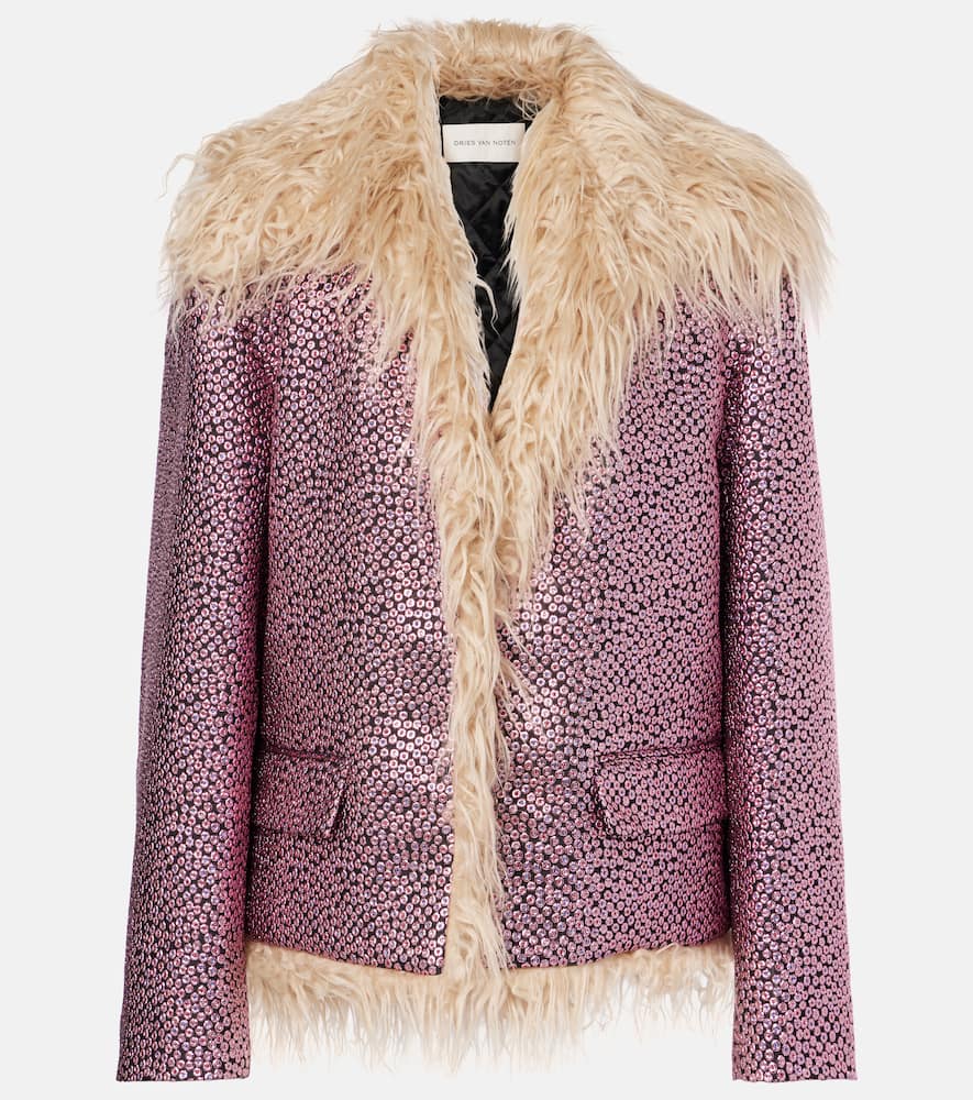 Faux fur-trimmed metallic jacket