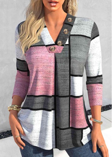 Modlily Pink Button Geometric Print Long Sleeve T Shirt