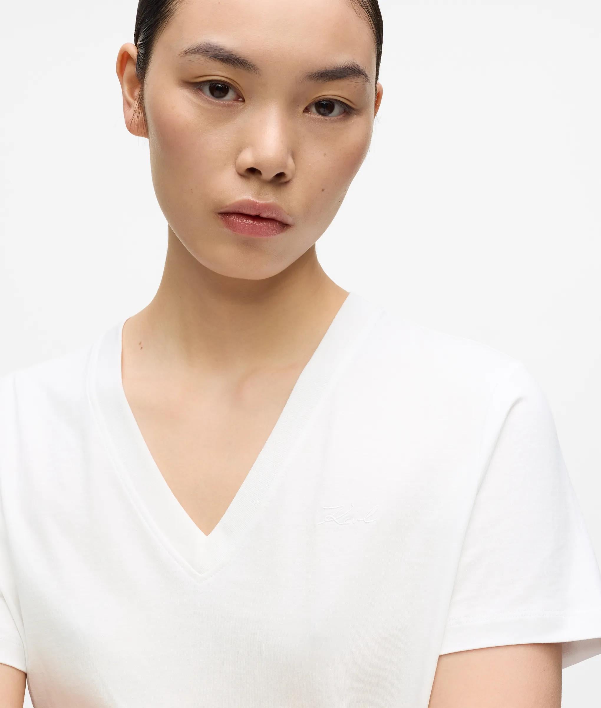 Karl Lagerfeld - Signature T-shirt Mit V-ausschnitt, Damen, Weiss, Größe