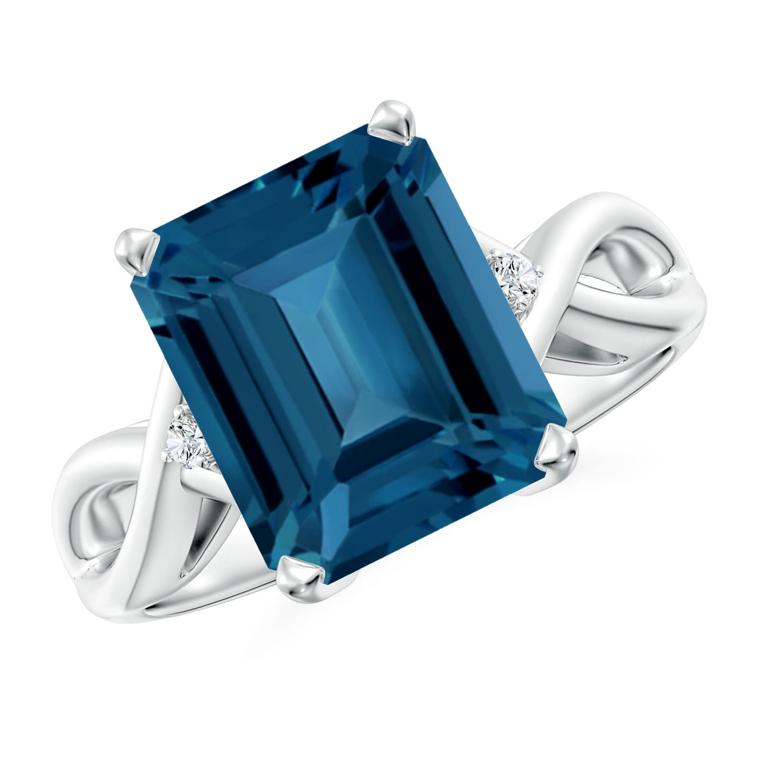 Angara 5.6 Carats Emerald Cut London Blue Topaz Twist Shank Statement Ring in Platinum