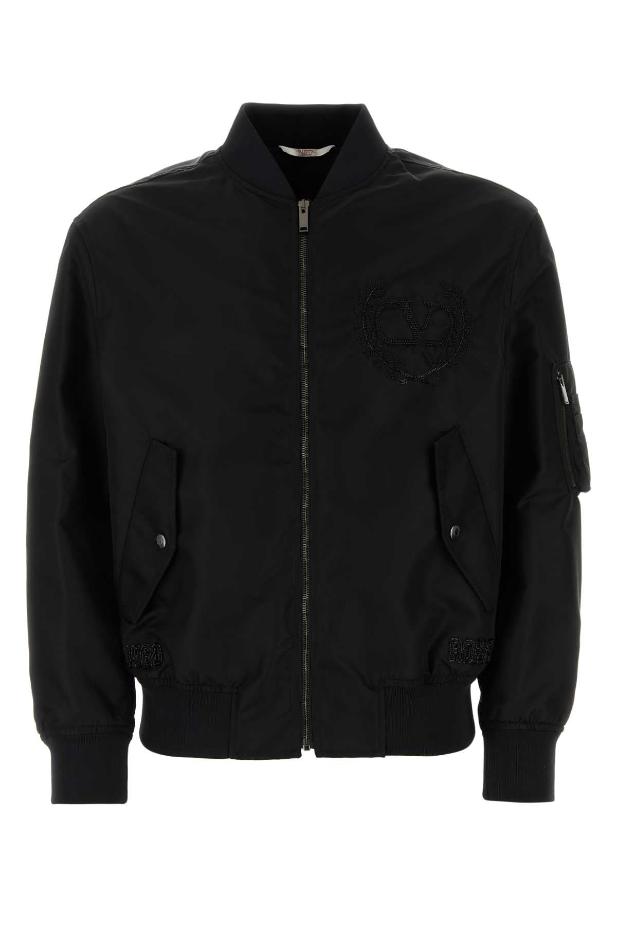 Nylon with Logo Embroidery Bomber Jacket — Black