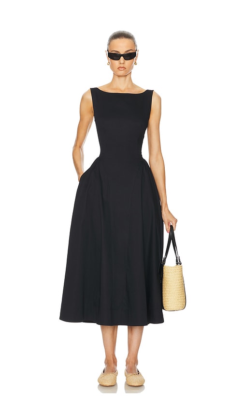 Helsa Stretch Cotton Sateen Midi Dress in Black. S. Also in