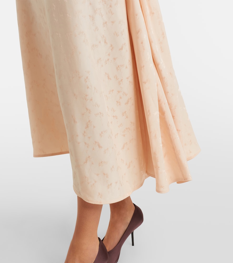 Asymmetric draped floral satin midi dress