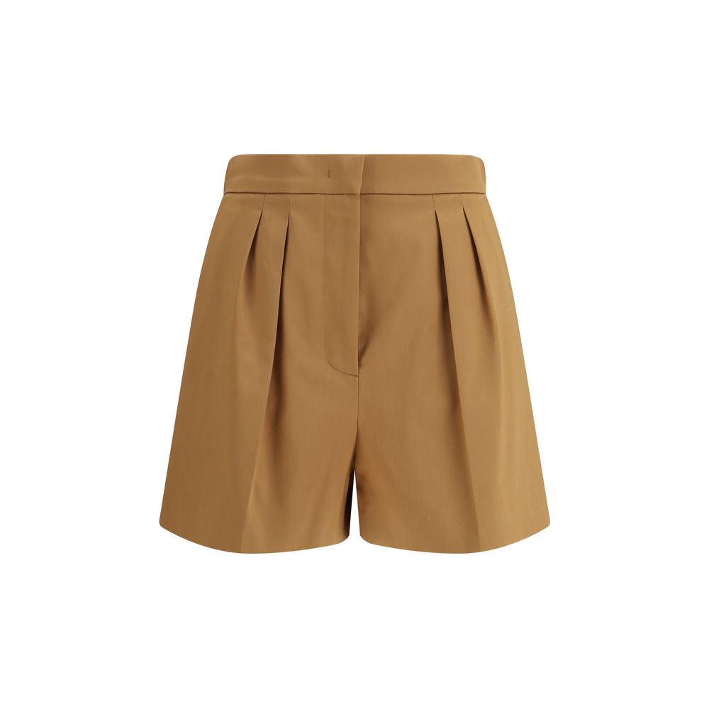 Double-Pleated Cotton Satin Bermuda Shorts — Beige