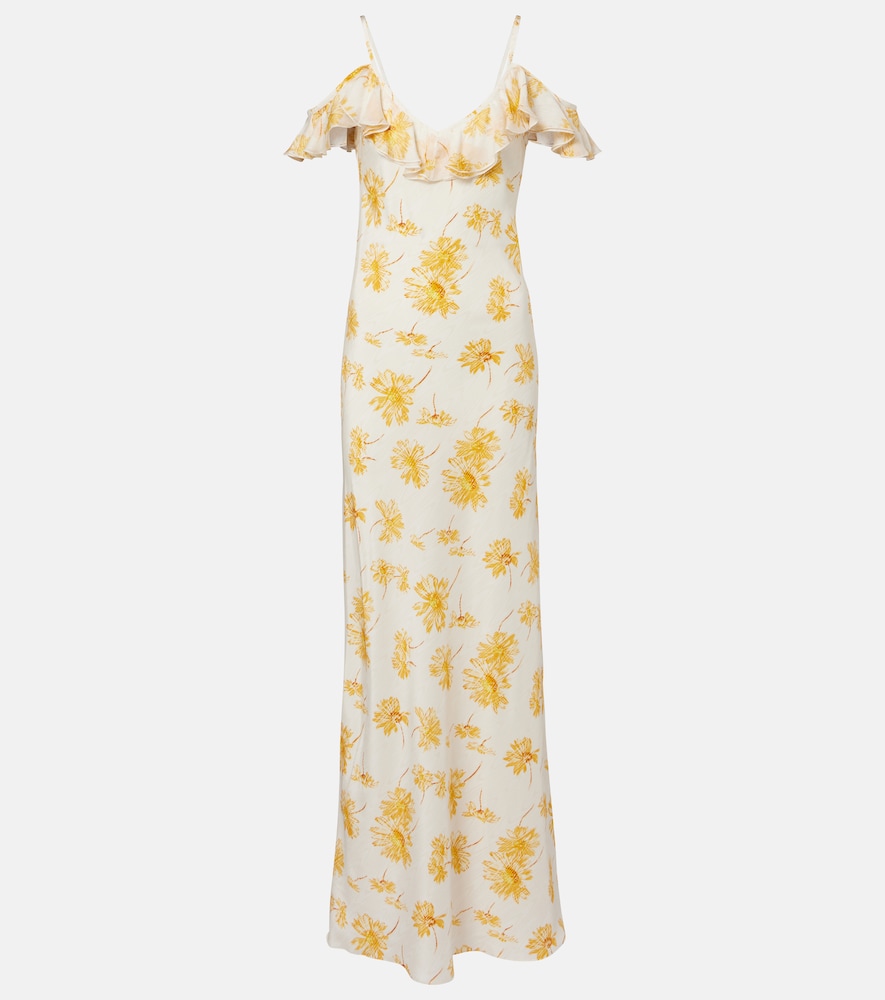 Floral ruffled silk moiré slip dress