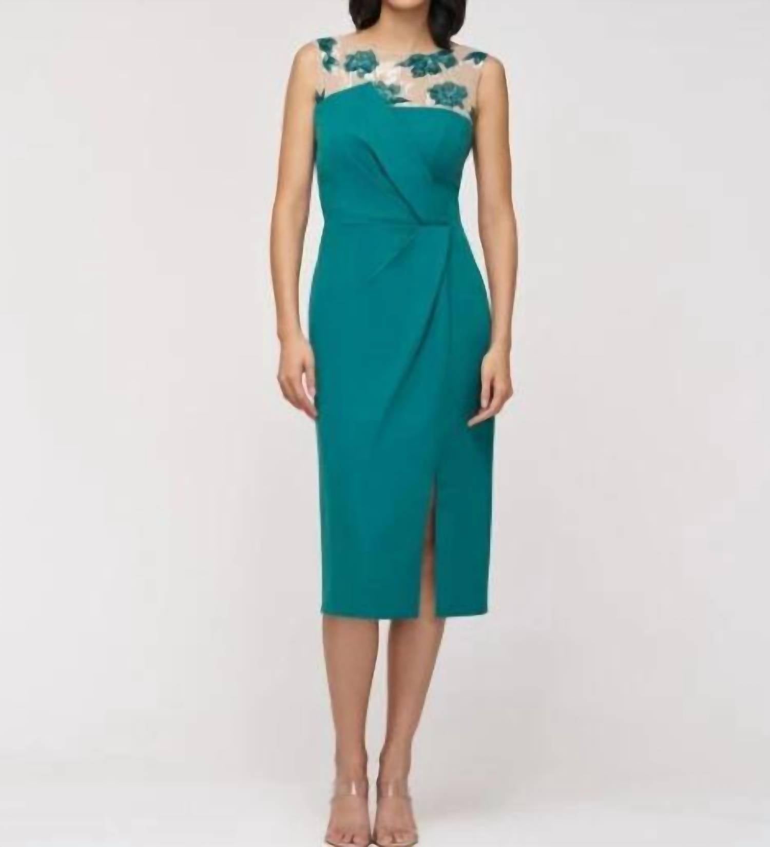 Adelaide Illusion-Yoke Sheath Dress In Dark Green