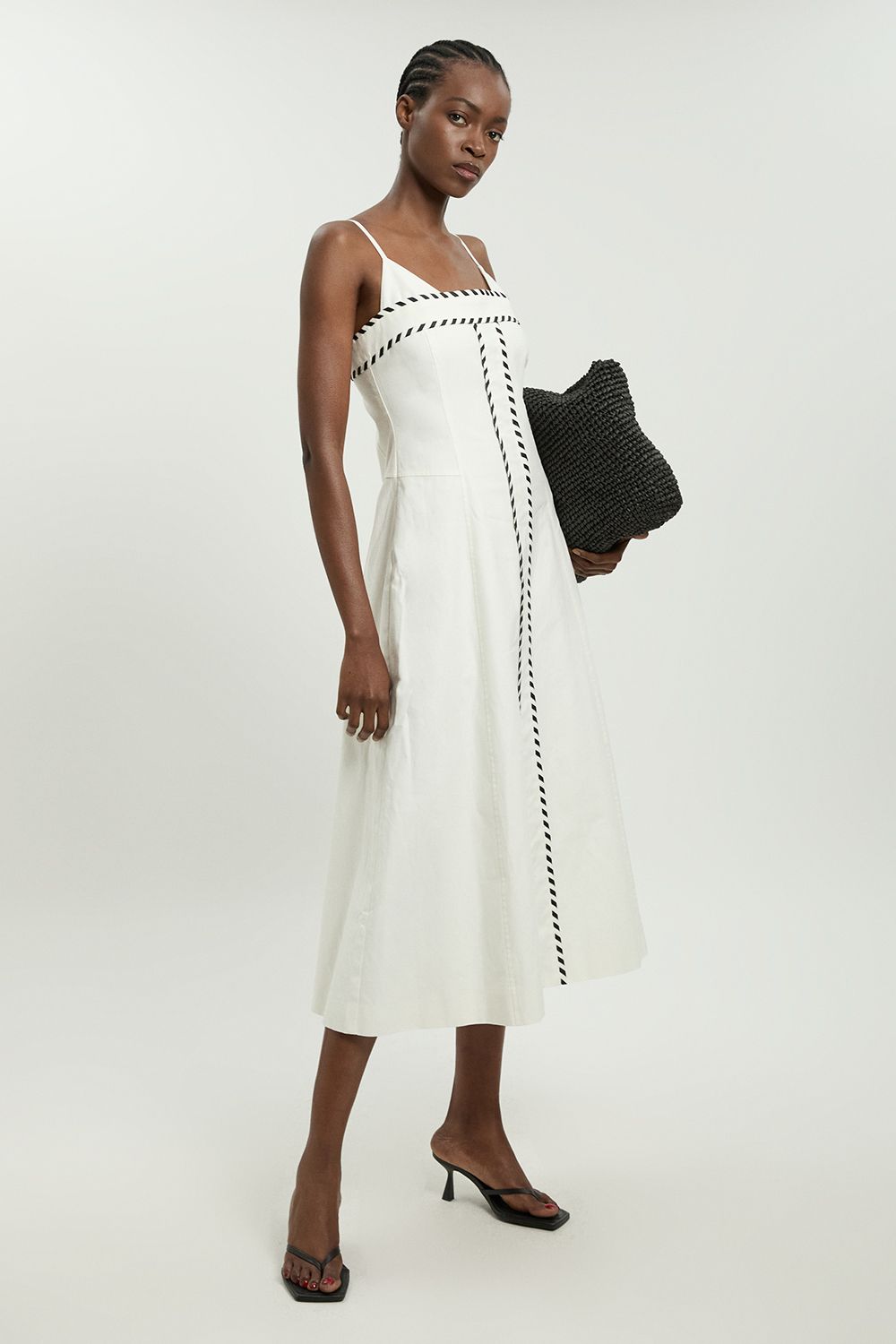 Karen Millen Womens Tailored Linen Blend Contrast Stitch Midi Dress - White Cotton