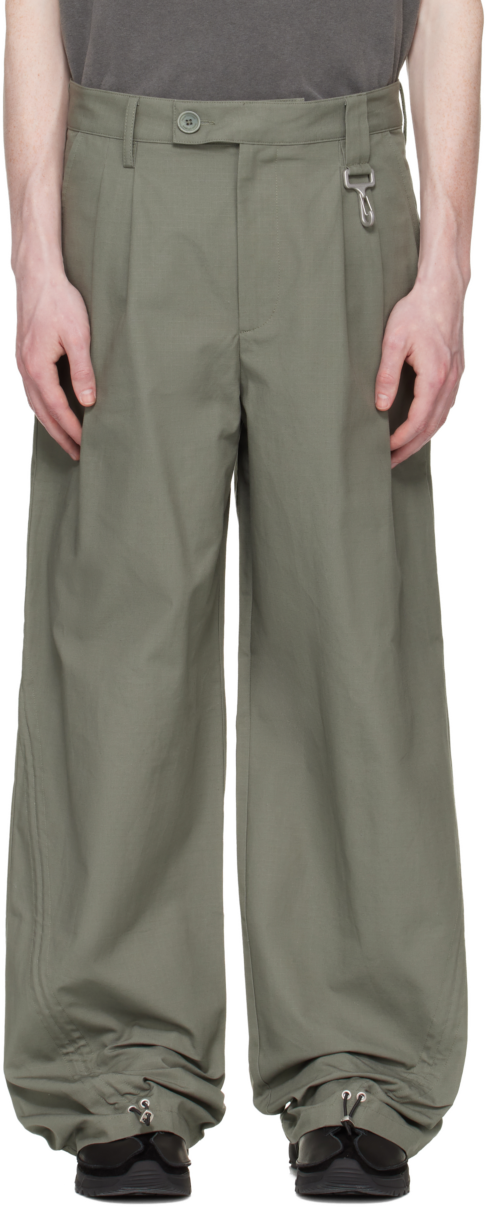Khaki Cotton Ripstop Pleated Trousers