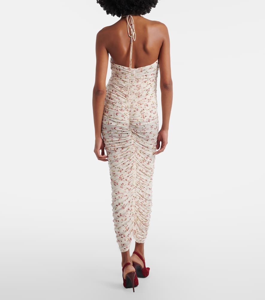 Floral-appliqué ruched midi dress