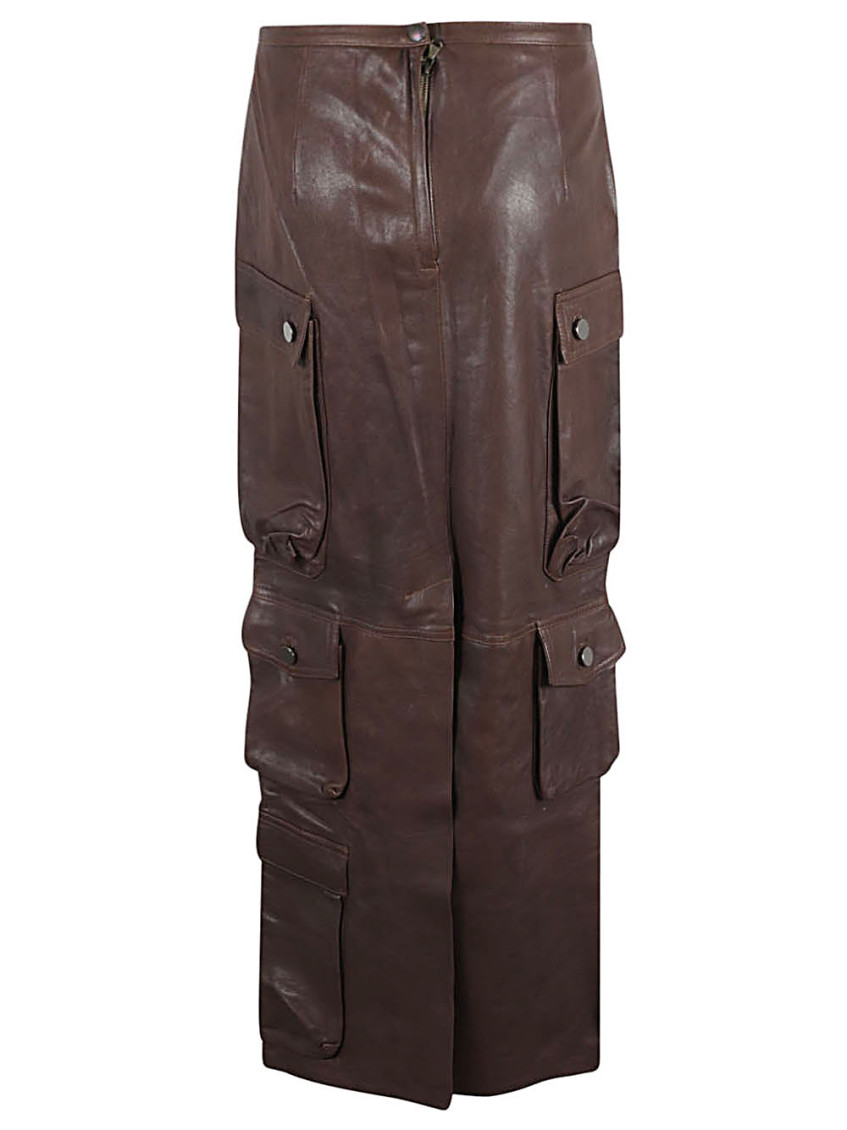 Brown Leather cargo long skirt