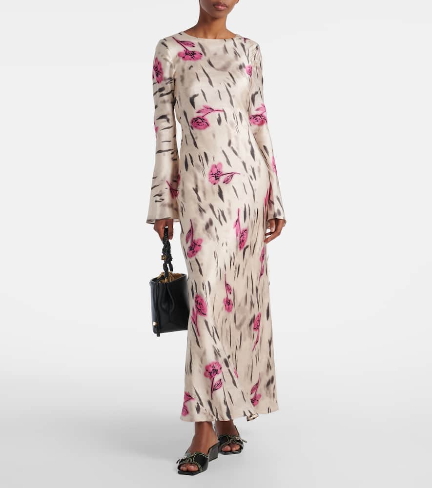 Floral open-back satin maxi dress