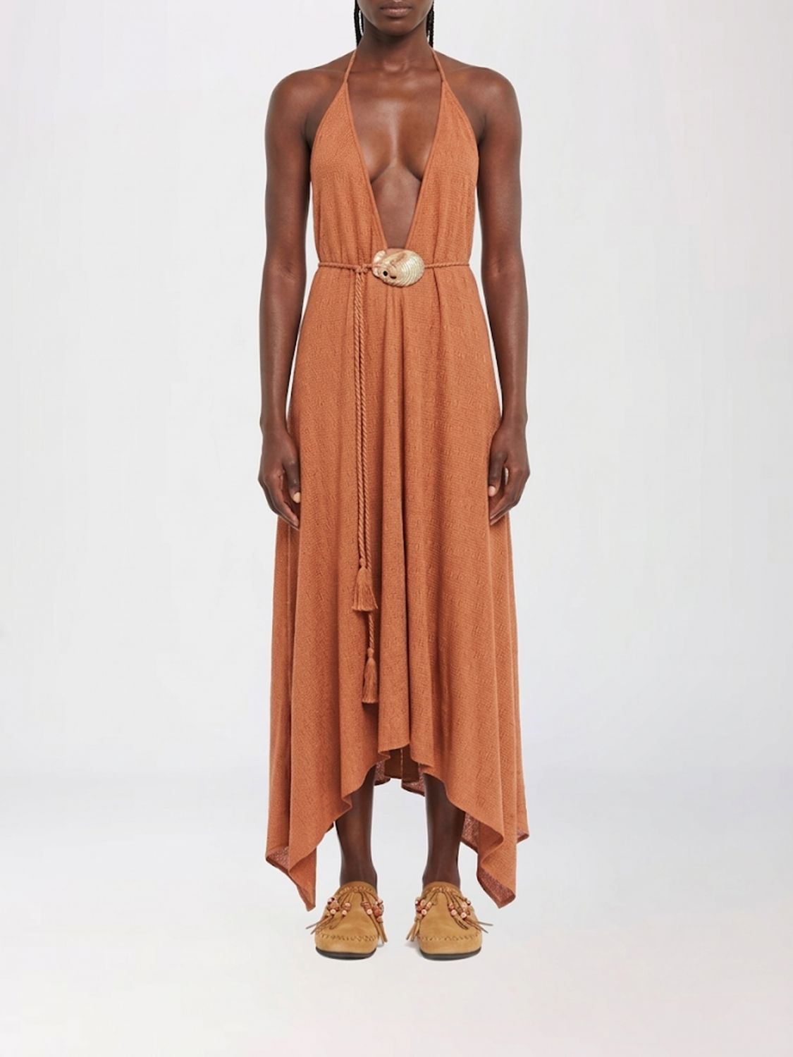 Mermaid Inside Linen Midi Dress with Halter Neck and Asymmetric Hem