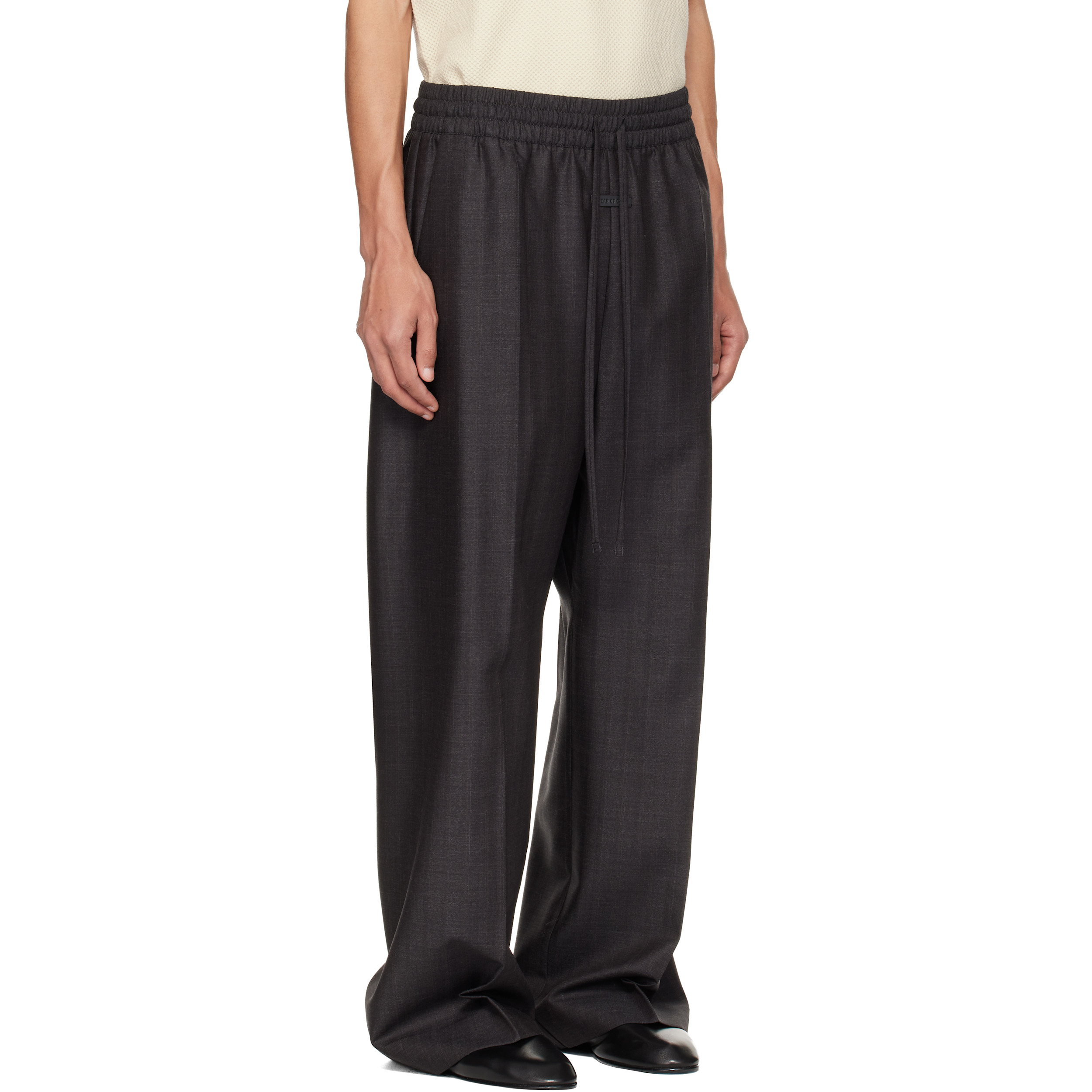 Gray Striped Wool Wide Leg Drawstring Trousers