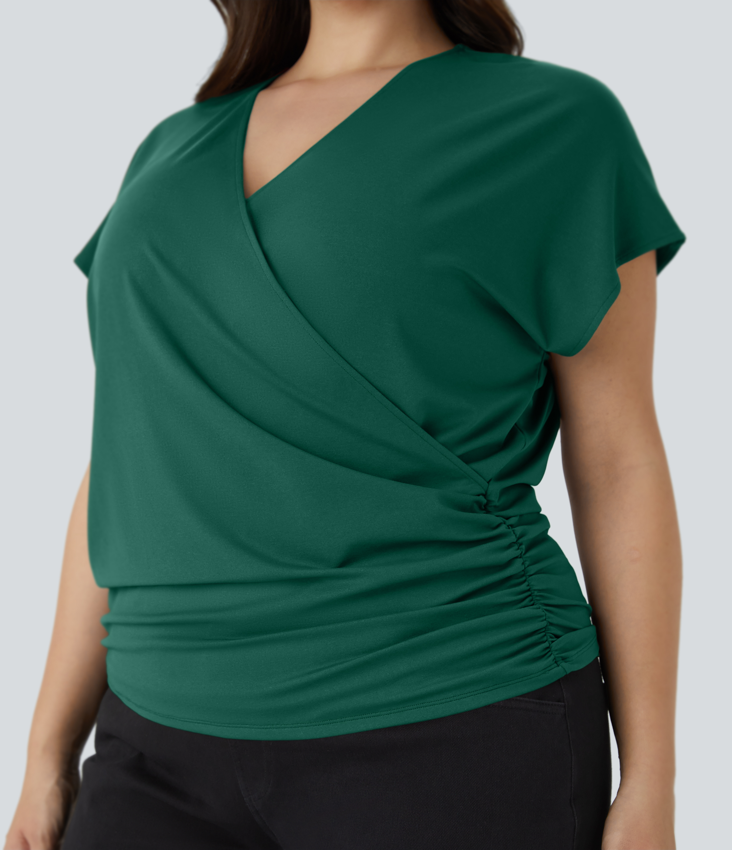 V Neck Cap Sleeve Crossover Ruched Solid Work Plus Size Blouse  - Rain Forest