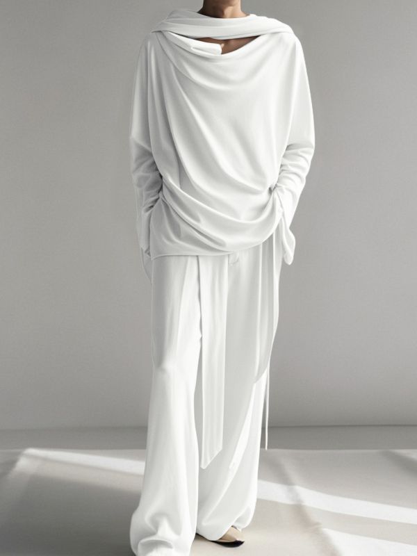 Men's Solid Color Ribbon Cowl Neck Two Pieces Outfit SKUL41313 - White / S
