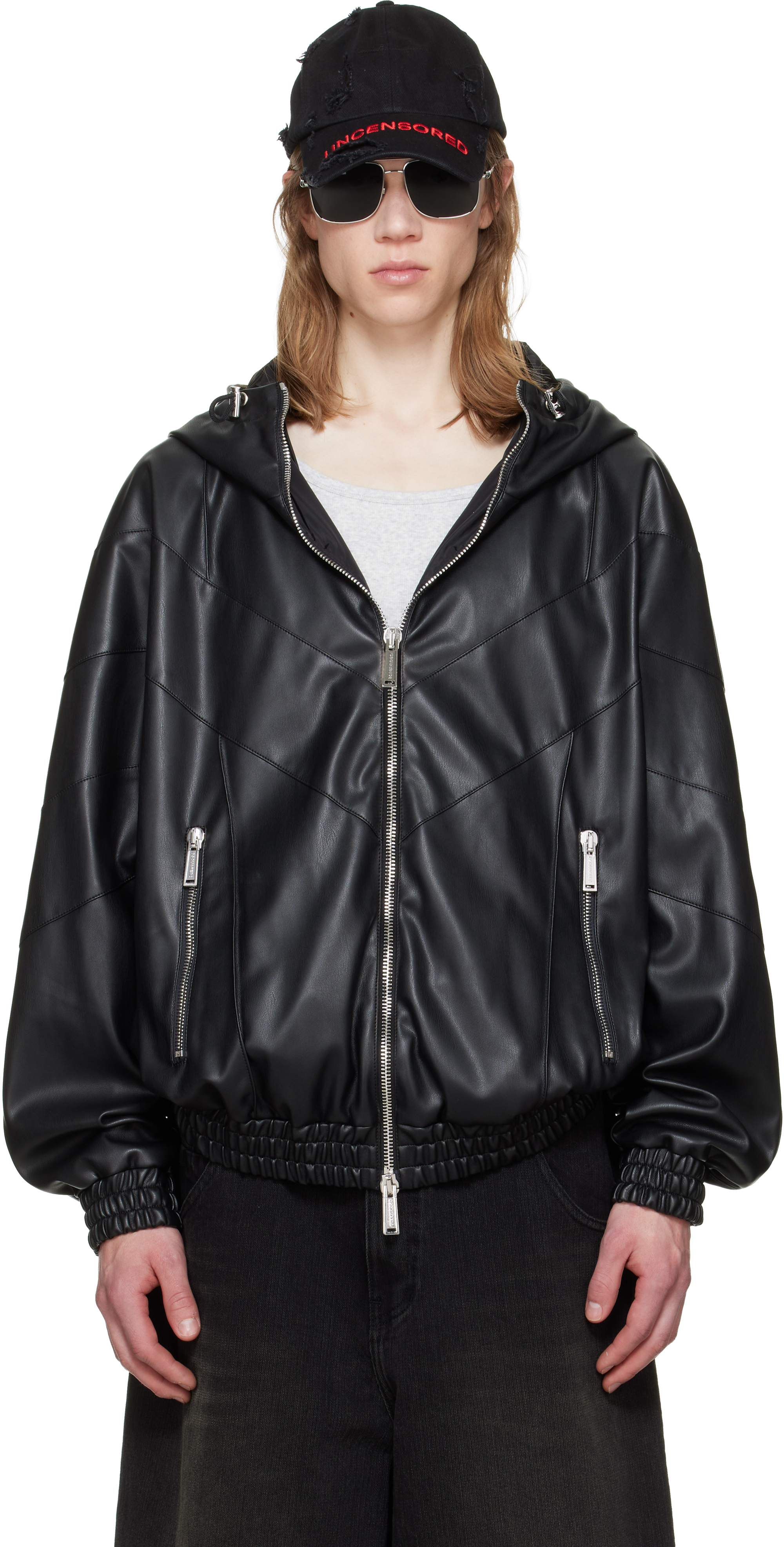 Black Zipped Hoodie Faux-Leather Jacket