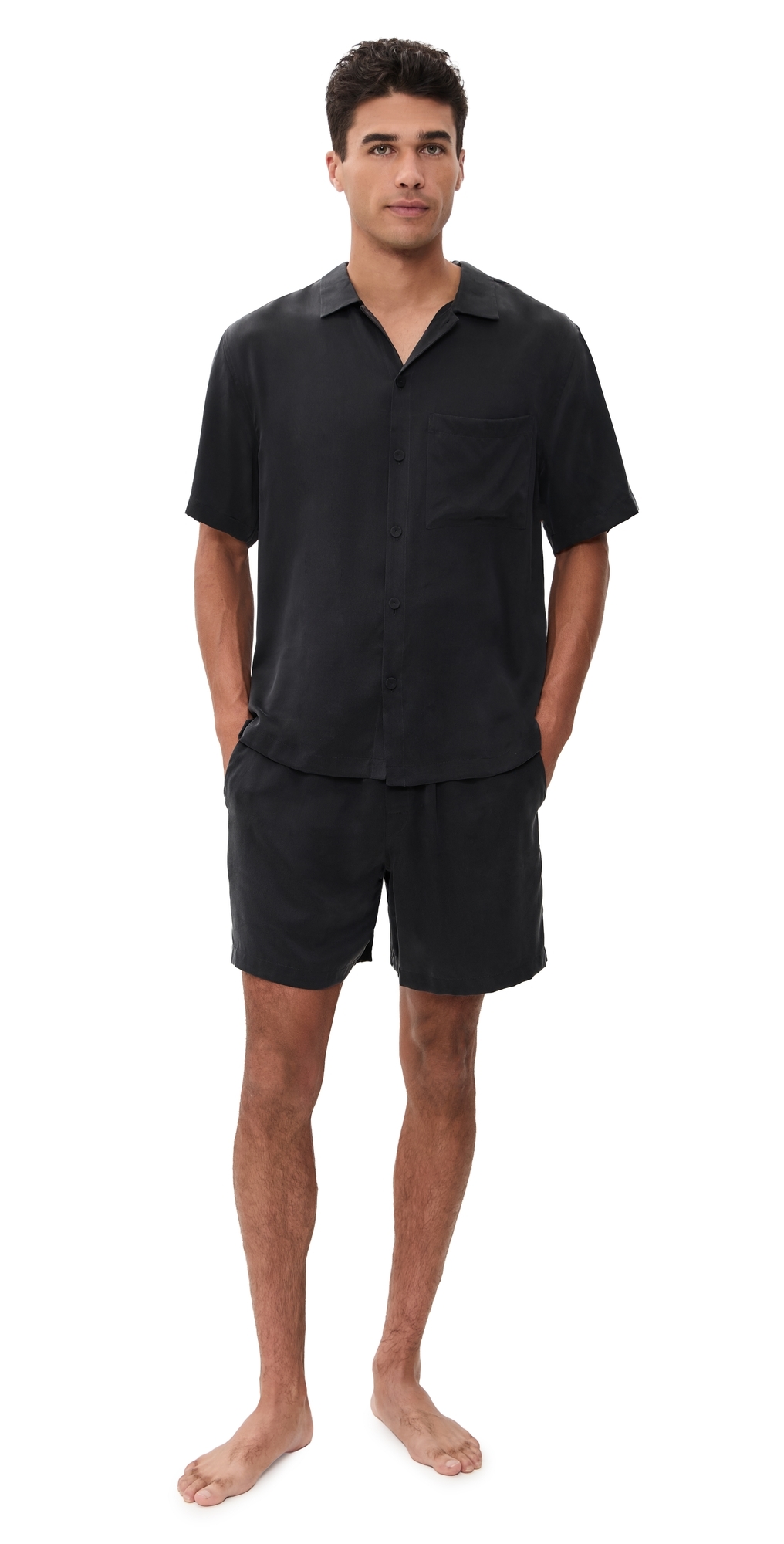 Washable Silk Button Up Short Set Immersed Black