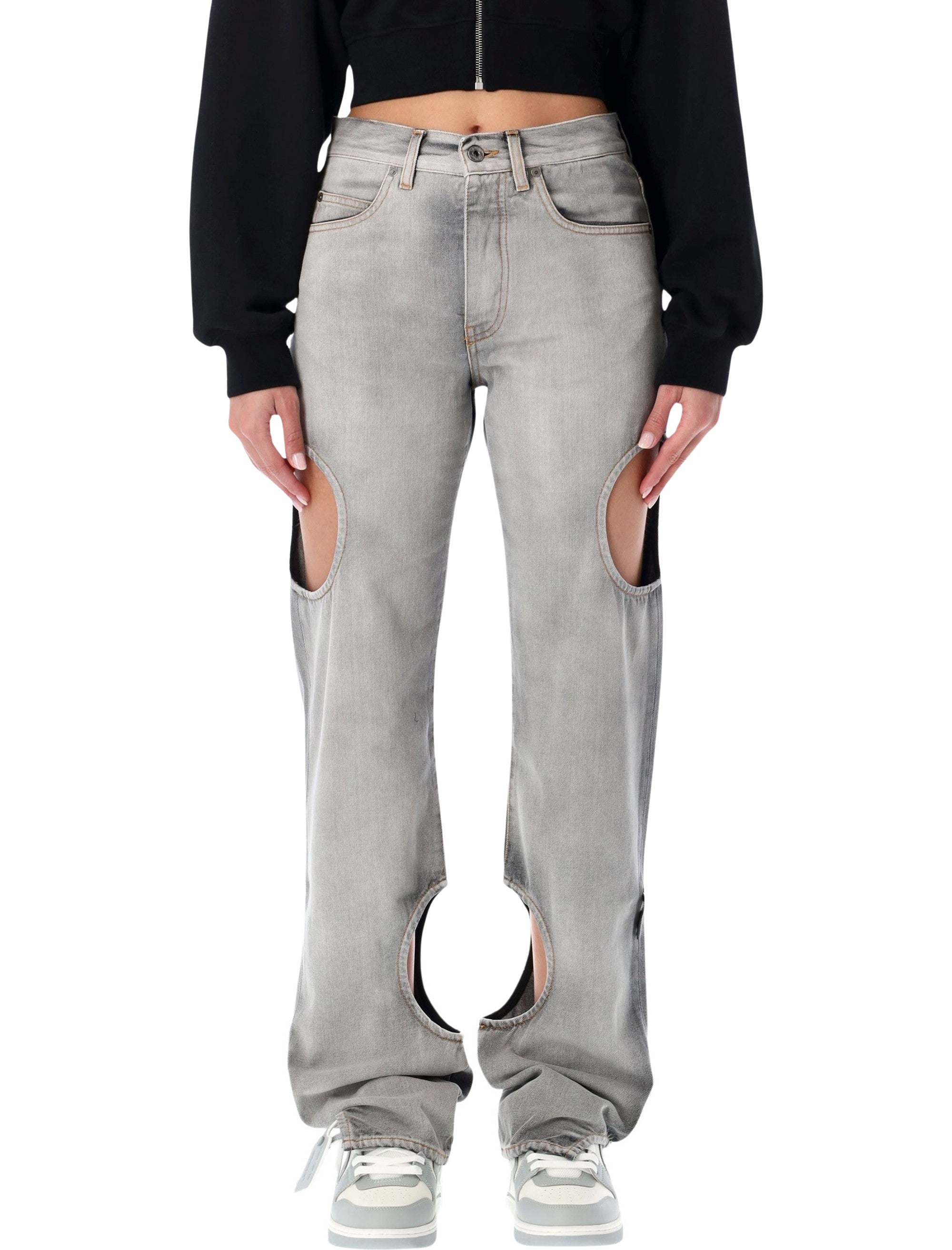 Cotton Denim Jeans with Thigh & Calf Cut-Outs, Five-Pocket Straight-Leg Fit