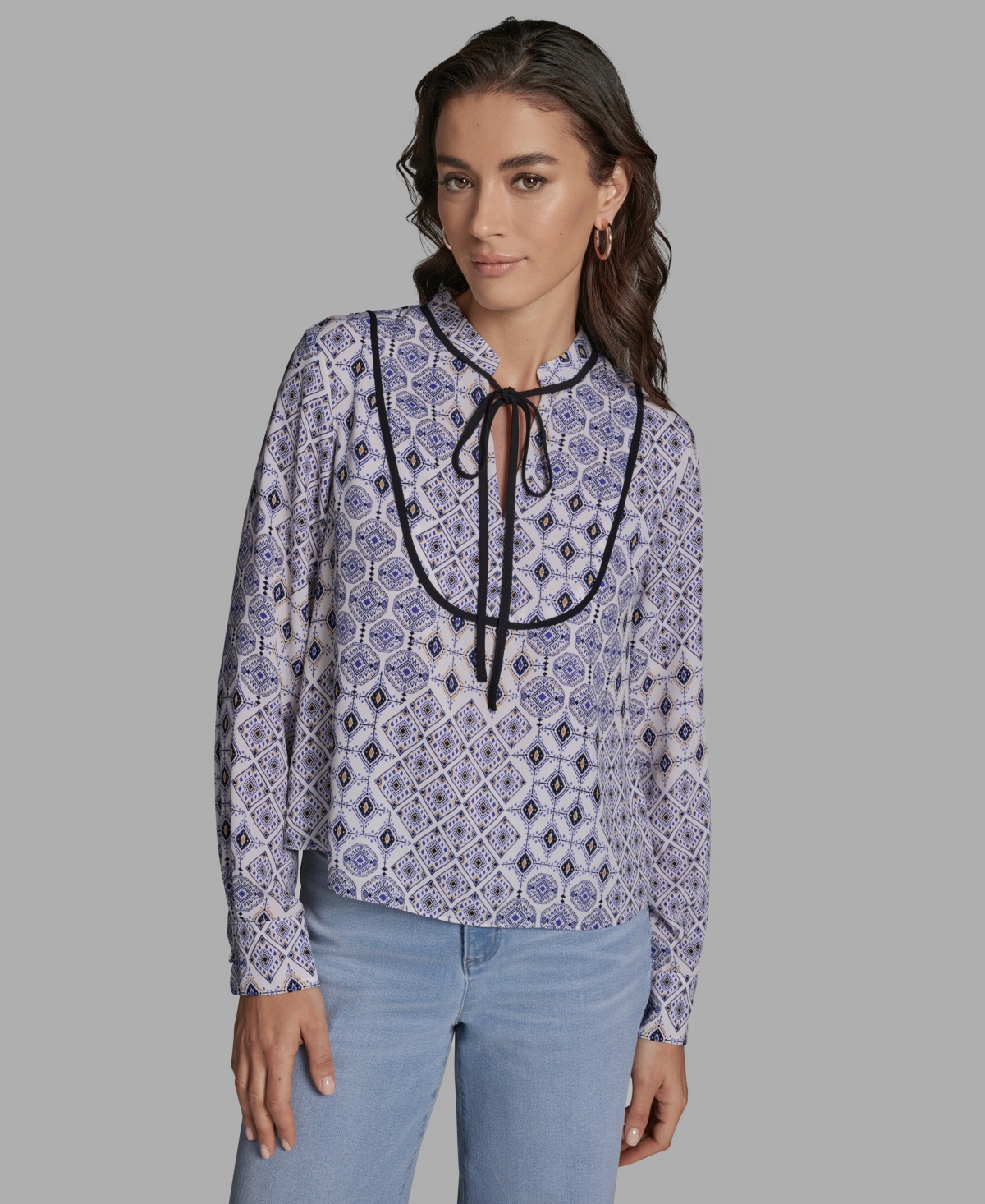 Women's Tie-Collar Long-Sleeve Printed Top - Whisper White/Black Multi