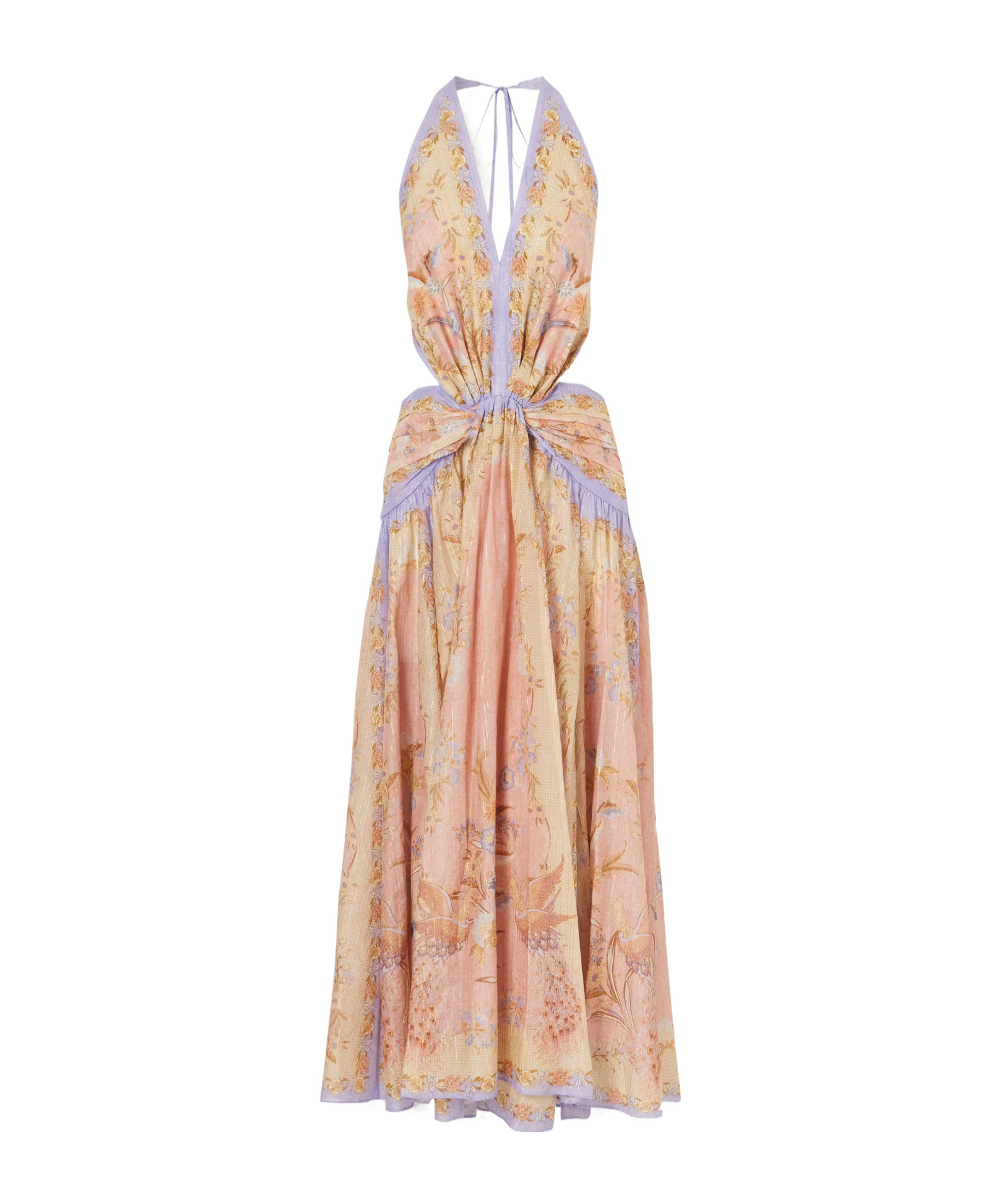 Pink and lilac bird-print halter-neck maxi dress