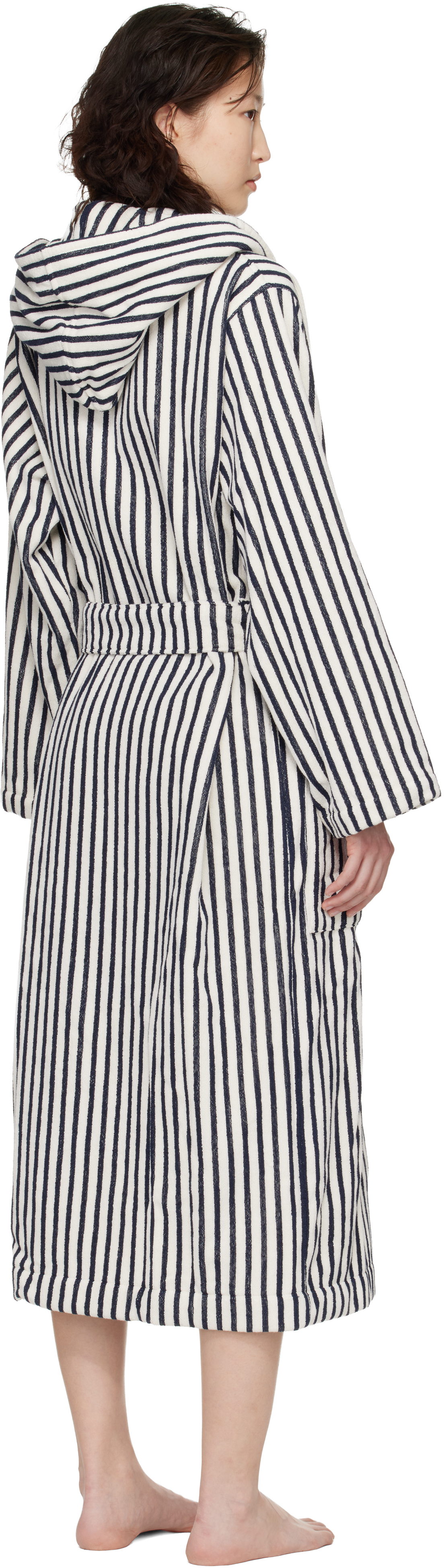 White & Navy Terry Hooded Bathrobe