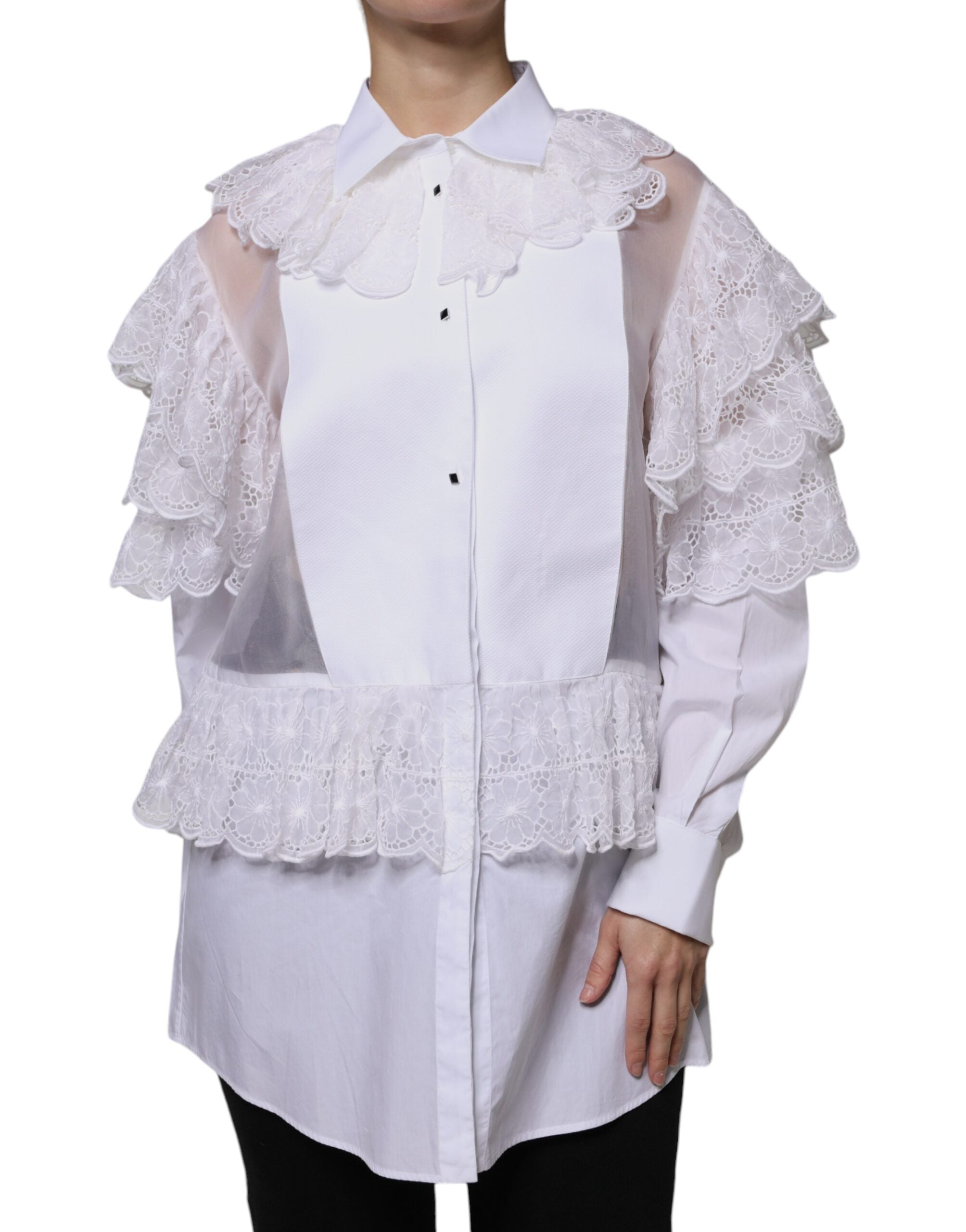Lace Ruffle Poplin Blouse — White