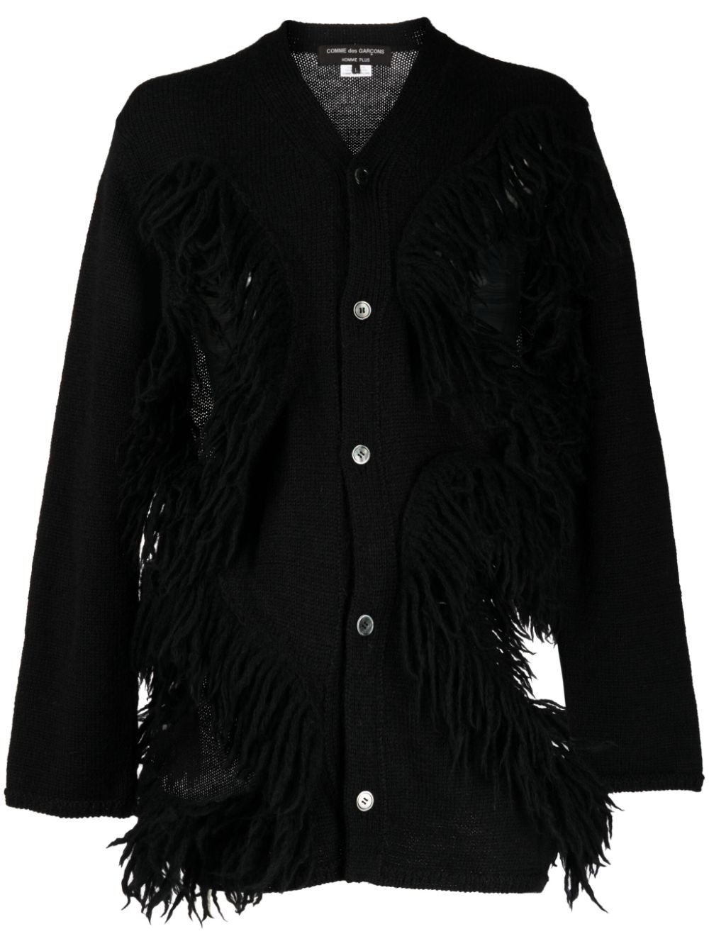 Fringed cut-out wool cardigan - Black