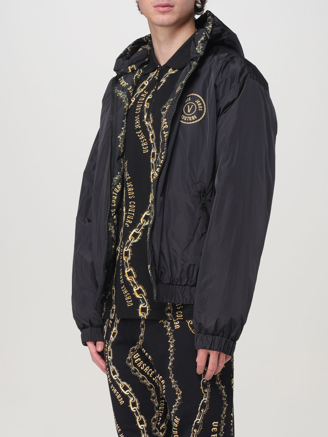 Reversible chain-print hooded jacket - Black