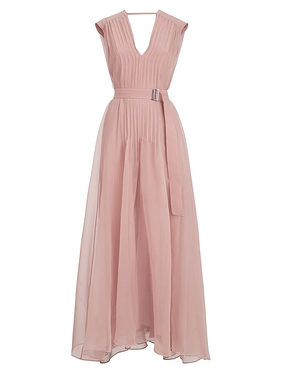 Women's Crispy Silk Belted Dress with Pleated Detail - Pink