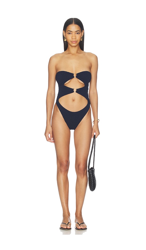 Bond Eye Lark One Piece Swimsuit in Onyx Leopard Jacquard Crinkle - Navy. a