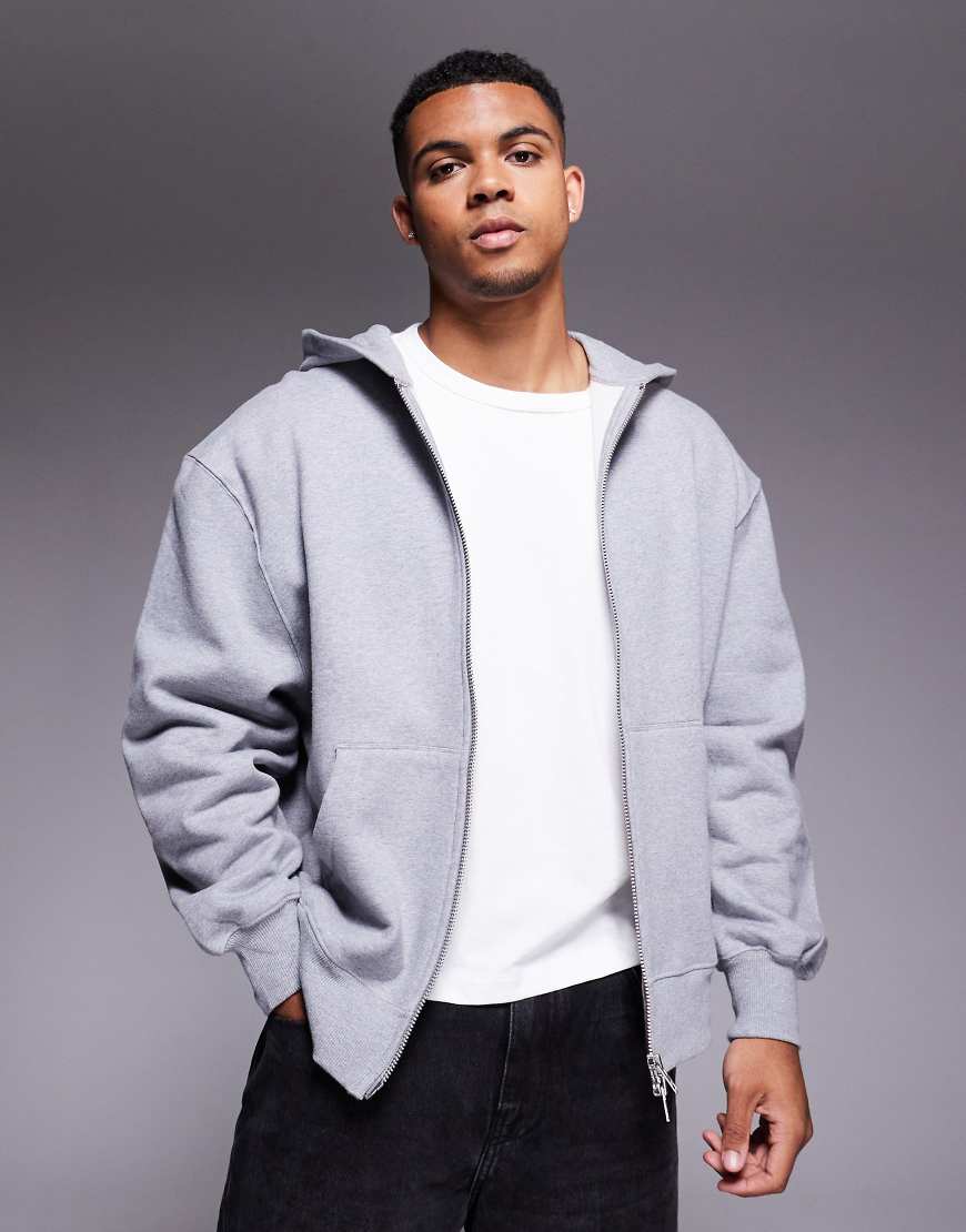 Premium heavyweight oversized zip through hoodie 400gsm in grey marl - GREY