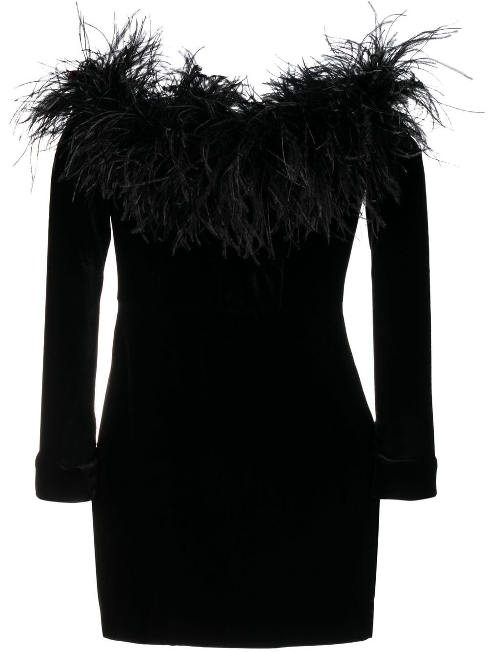 Feather-Trimmed Velvet Dress — Black